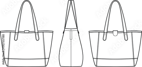 Large leather tote bag CAD drawing, flat vector technical illustration with front side and back views isolated