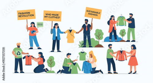 People protesting for sustainable fashion with signs and clothing