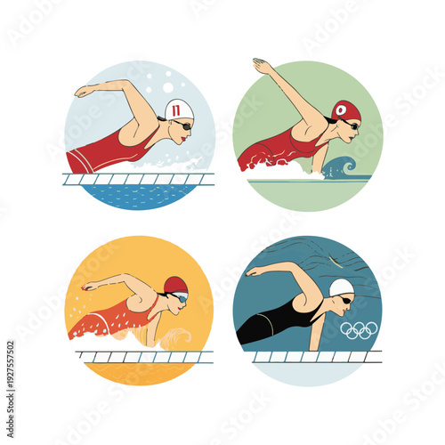 Four swimmers in circular frames showing different swimming styles and backgrounds woman female