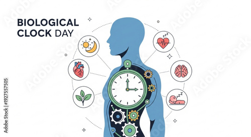 Biological clock concept with human silhouette and clockwork mechanism on biological clock day