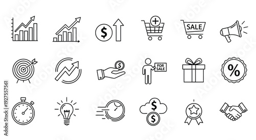 Collection of business and finance related line icons in black and white