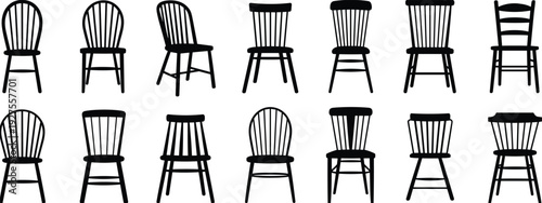 Classic wooden chair silhouette collection, spindle back dining seats isolated on white background for vintage furniture interior design