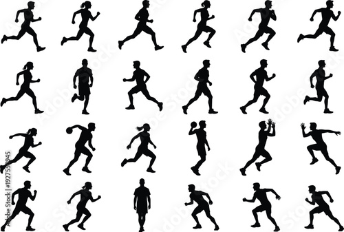 Running athlete silhouettes collection, men and women sport action poses set, black vector illustration isolated