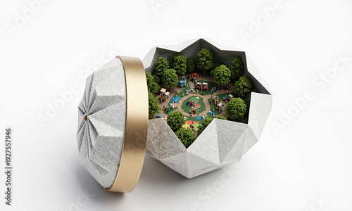 A monumental seed bank capsule cracked open to reveal an origami forest whose trees unfold into community playgrounds, three-quarter aerial