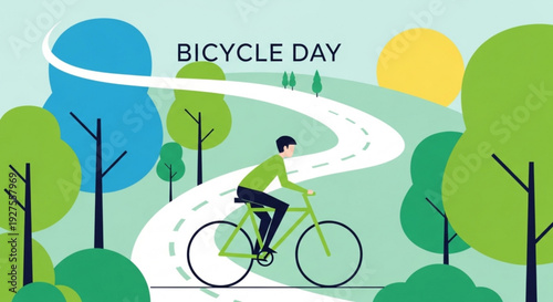 Man riding bicycle on winding road through green forest on sunny day for eco friendly transportation