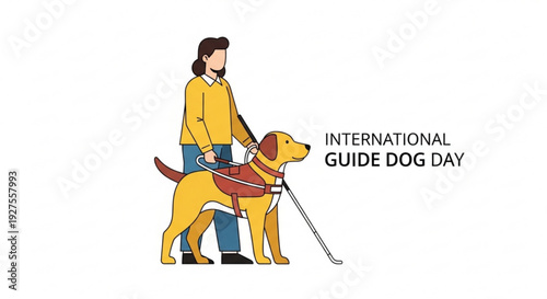 Woman with yellow guide dog on international guide dog day awareness symbol