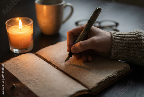 Person writing in journal by candlelight at night