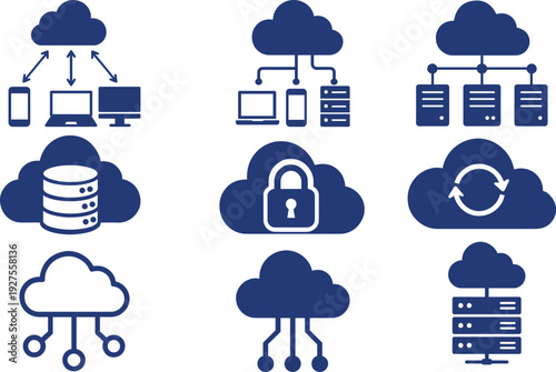 Cloud computing network icons set for data storage security server sync and online technology

