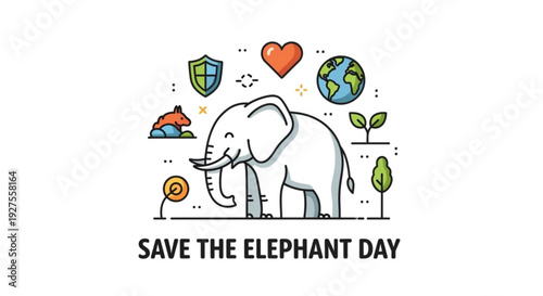 Save the elephant day awareness campaign illustration with elephant surrounded by eco friendly symbols
