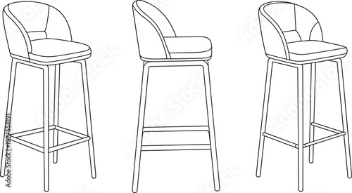 Upholstered Bar Chair Technical CAD Drawing, Front Side and Perspective View Flat Vector Furniture Design Template