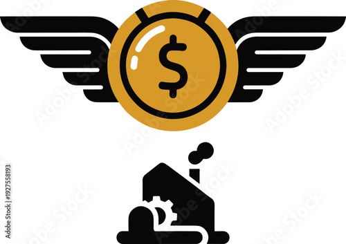 Flying dollar coin with wings above manufacturing industry plant