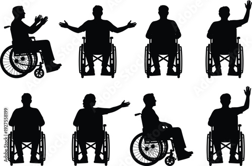Wheelchair user silhouettes collection set, disabled people sitting waving and gesturing, accessibility and inclusion concept