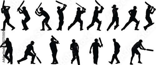 Cricket batsman silhouette set with batting action poses, sports player collection black vector illustration isolated on white background