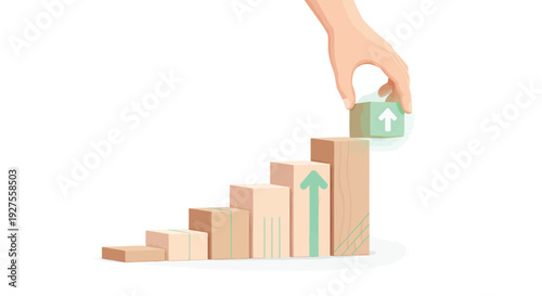 Hand placing a green block on a growing wooden staircase