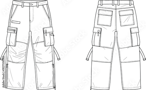 Women utility cargo pants CAD drawing, flat vector technical illustration with front and back views isolated on white background
