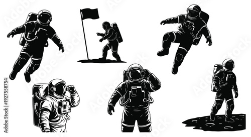 Astronauts exploring an alien landscape with flags and equipment a striking silhouette design