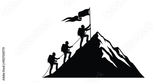 Hikers ascending a mountain peak planting a flag depicted in a striking silhouette