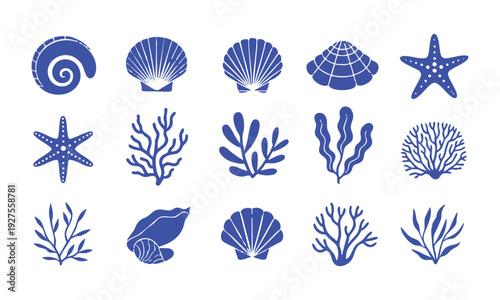 Minimal marine ocean icon pack with seashell coral starfish and coastal symbols vector illustration, easily editable.