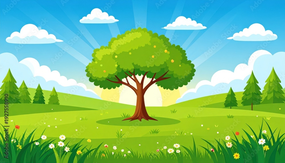 Fototapeta premium Cartoon scene Large tree in a sunny meadow with clouds, trees, and blue sky
