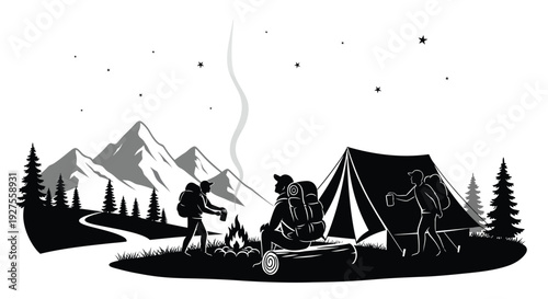 Camping scene with mountains trees tent and hikers enjoying a campfire under starry sky