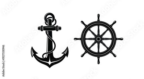 Anchor and ship s wheel graphic nautical theme black and white design silhouette