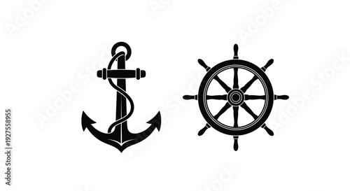 Nautical theme featuring an anchor and ship s wheel rendered in a striking black silhouette