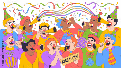 Diverse group of people celebrating with confetti and party hats holding a sign that reads april fools