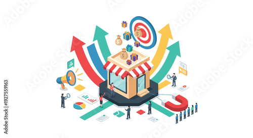 Isometric illustration depicting business growth marketing strategies and customer engagement