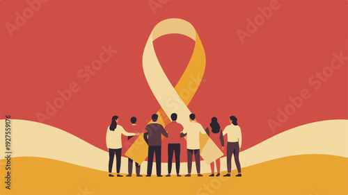 Diverse group of people standing together forming a human chain with a large ribbon symbol in the background for awareness and support on a red and orange
