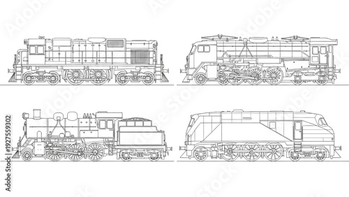 Set of Vintage Train Engine Line Drawings from Multiple Angles