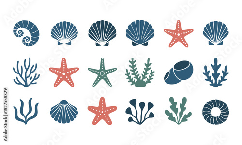 Underwater marine life icon set with shells starfish and coral shapes vector illustration, easily editable.