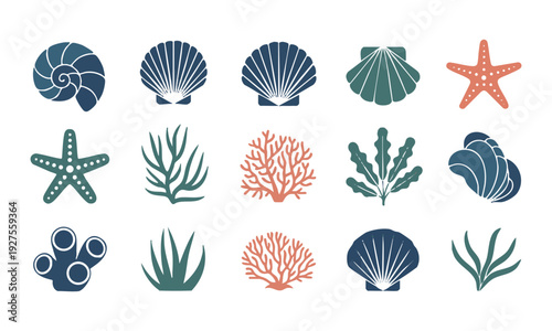Minimal ocean marine icon collection with seashell starfish and coral vector illustration, easily editable.