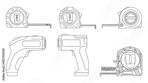 Measuring Tools Collection – Tape Measure and Laser Distance Meter CAD Line Art Set