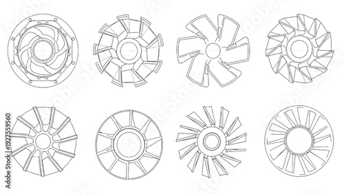 Industrial Pump Impellers Collection – 9 Types Top View CAD Line Art Engineering Set