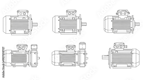 Various industrial motors illustrated from multiple viewpoints showcasing different designs and configurations