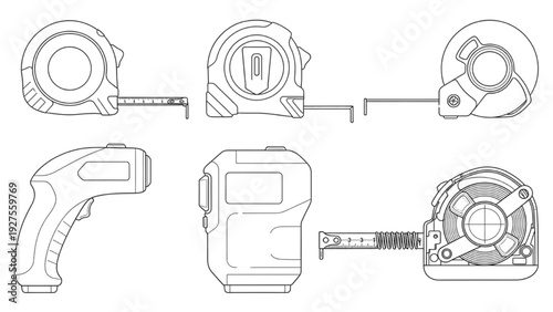 Detailed technical drawings of tape measure components from various viewpoints