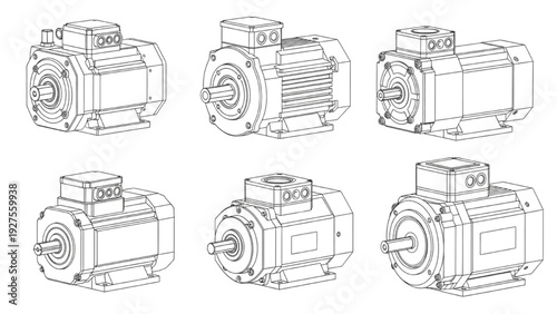 Various Industrial Electric Motors Illustrated from Multiple Angles
