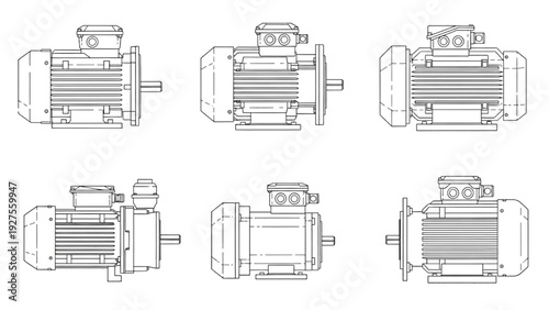 Multiple Industrial Motors Displayed in Various Orientations