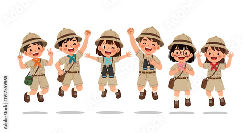 Group of cheerful children dressed in safari explorer outfits jumping together happily