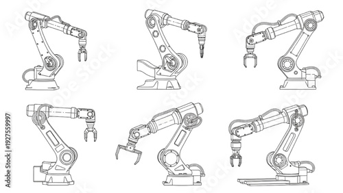 Robotic arms with various tools in different positions illustrated
