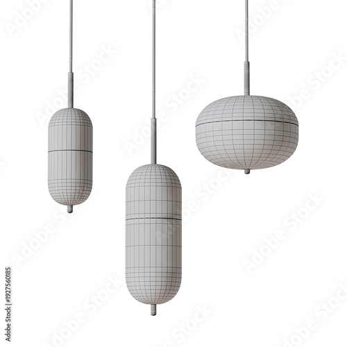 Three lamps with a wire frame and a white background