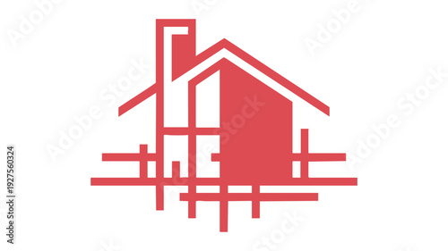 Simple icon of a house with a red outline and crosshatches in the background