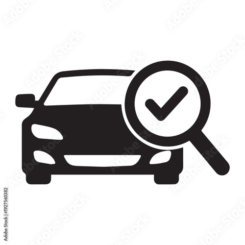 Magnifier glass on car search or verify logo icon Silhouette vector black design on a white background