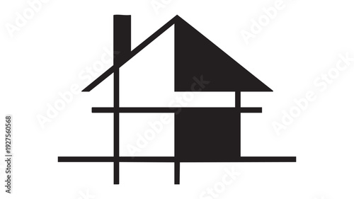 A minimalist illustration of a house with a pitched roof and a separate garage