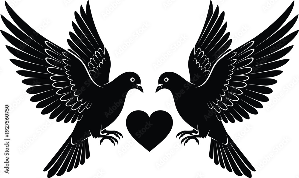 Fototapeta premium Beautiful silhouette of two flying pigeons with a heart symbol for wedding invitation decoration, peace concept, and romantic valentine design.