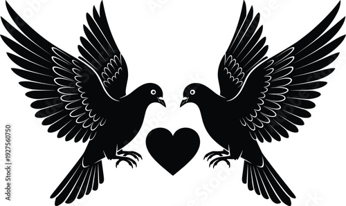 Beautiful silhouette of two flying pigeons with a heart symbol for wedding invitation decoration, peace concept, and romantic valentine design.