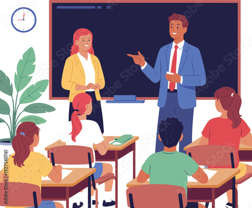Diverse Students Learning in Classroom With Teachers vector illustration.