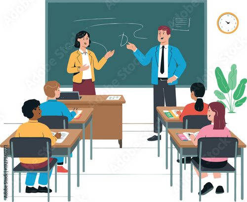 Diverse students learning in a modern classroom setting with teachers vector illustration.