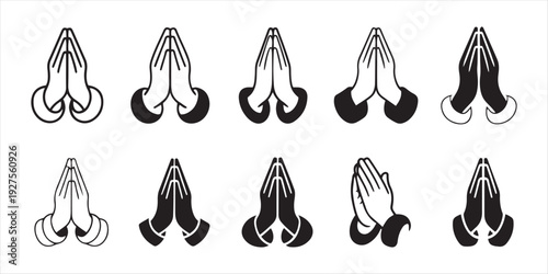 Praying Hands Icons and Symbols. Diverse Styles, Black and White, Gesture of Hope and Gratitude.
