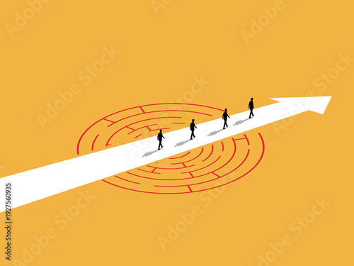 team of businessmen followed the arrows through the maze